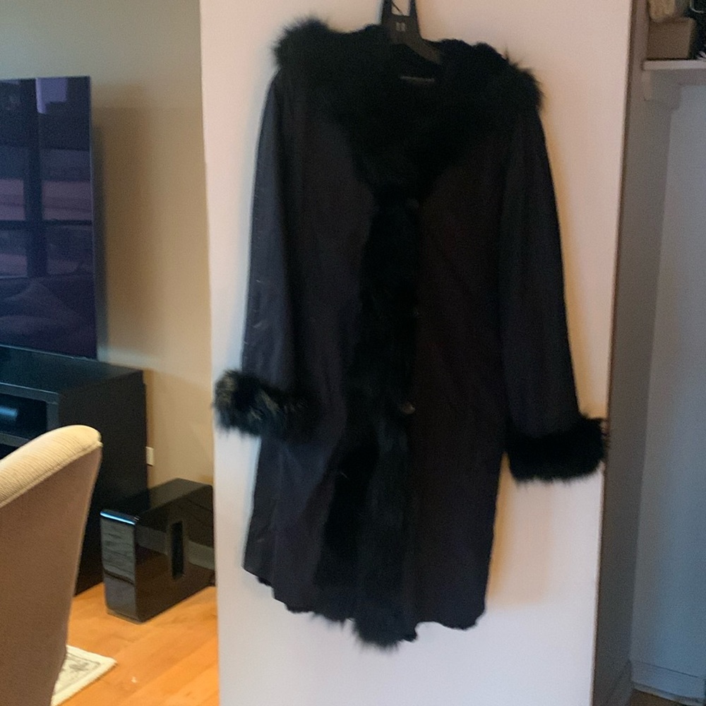 Dana Buchman fur lined rain coat with hood